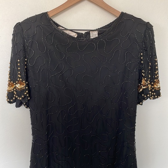 Laurence Kazar | Vintage VTG 100% Silk Fully Beaded Art Deco 80's Cocktail Dress - Picture 3 of 9